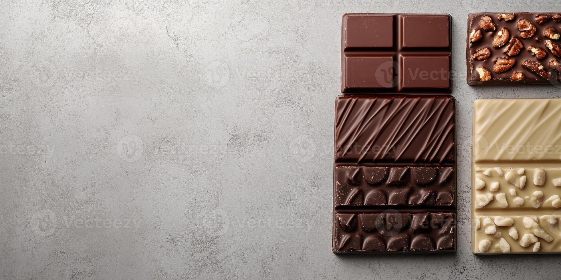 Several chocolate bars placed vertically on the right, showcasing unique shapes and textures photo