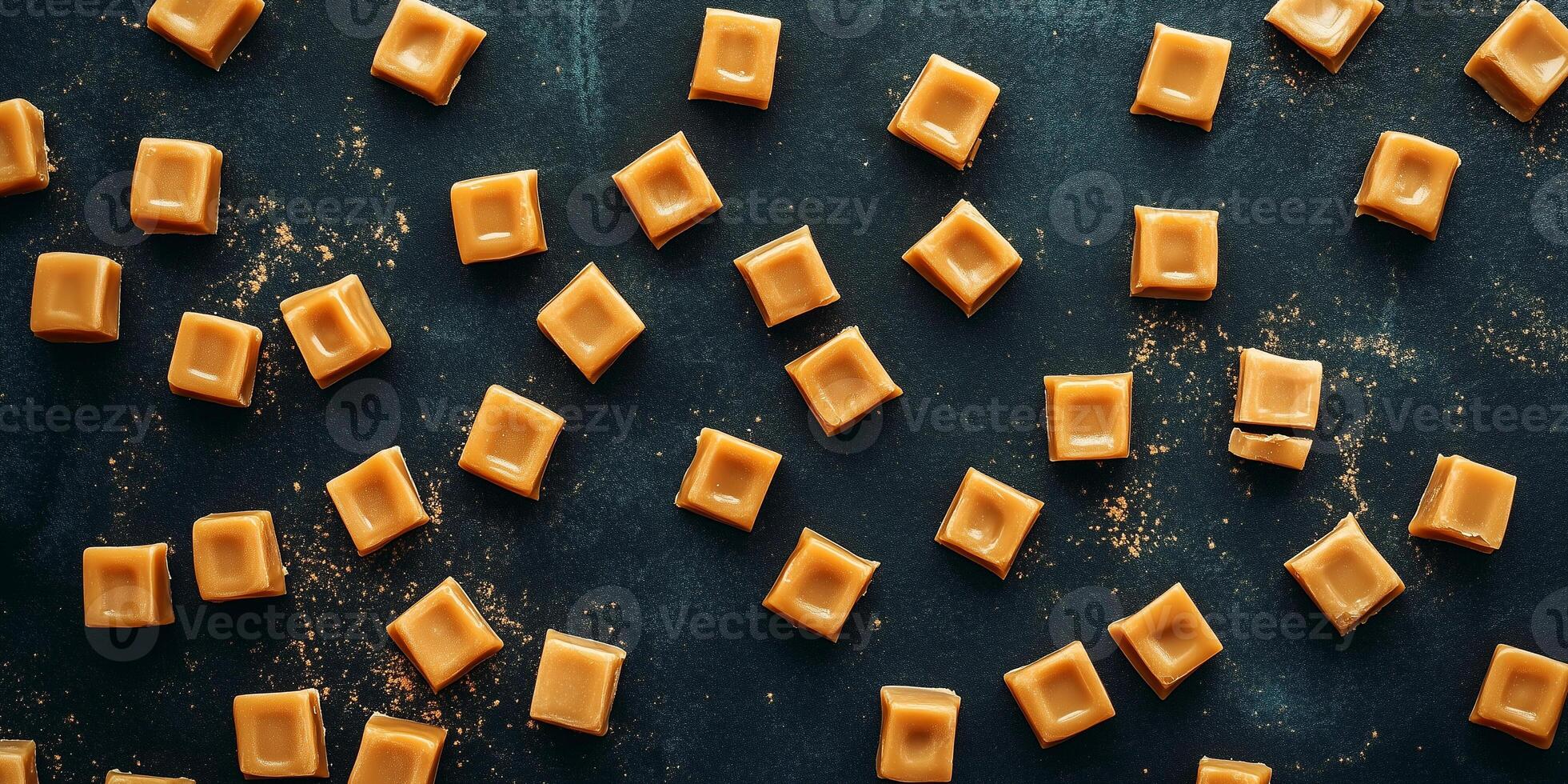 Soft caramel confections arranged to spell out words on a dark background photo