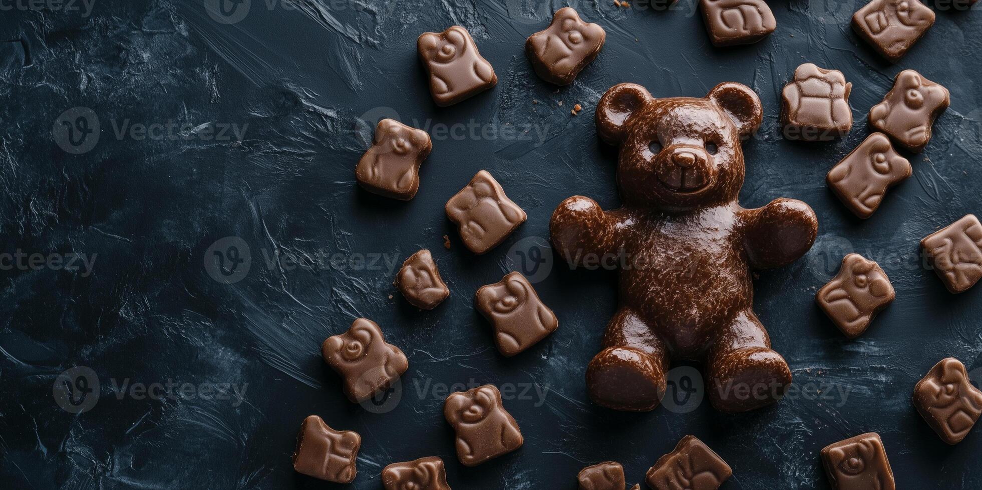 Bear-shaped confections used to create a mosaic pattern on a dark surface photo
