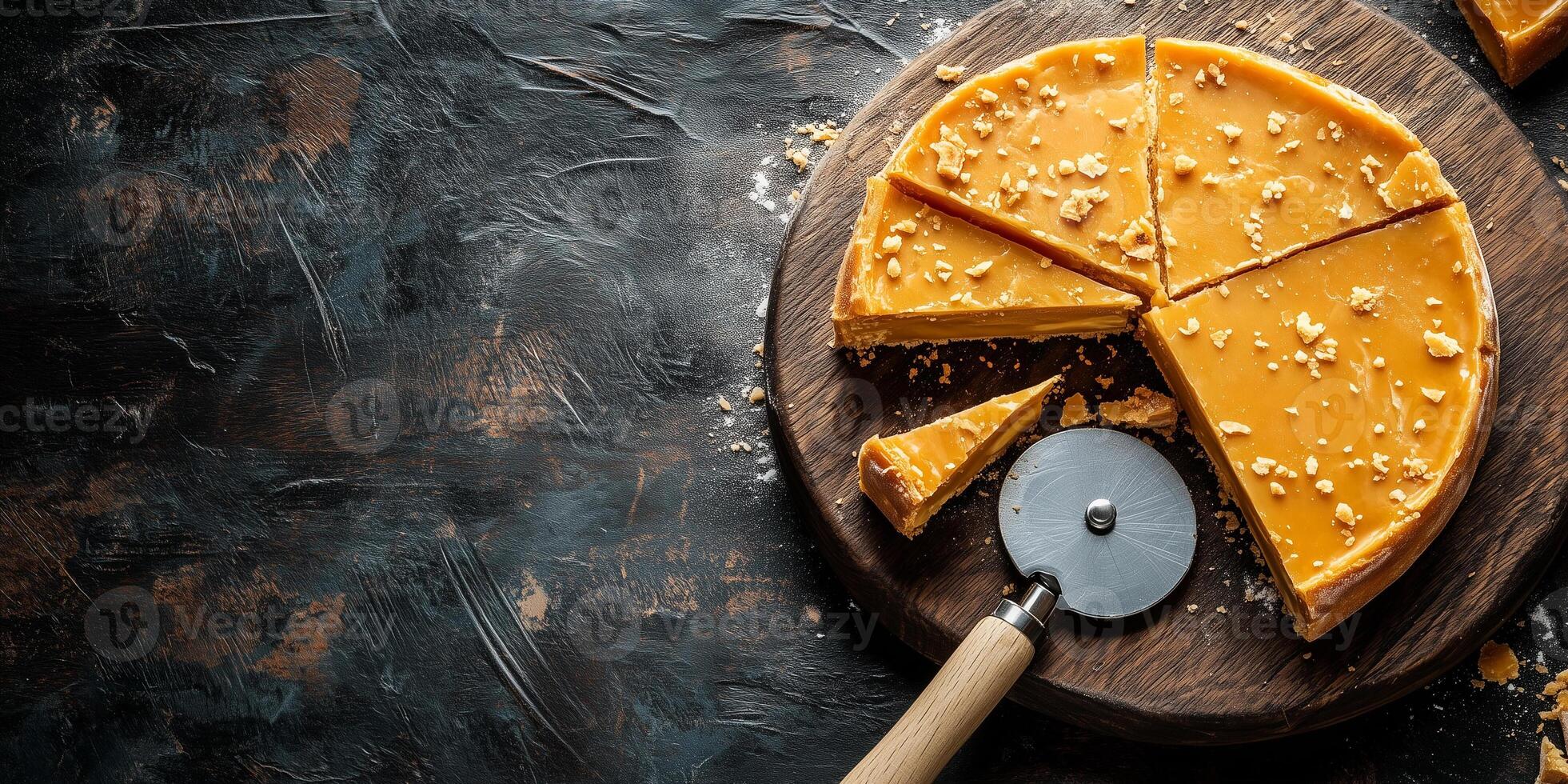 Butter toffee being cut with pizza wheel on cutting board photo