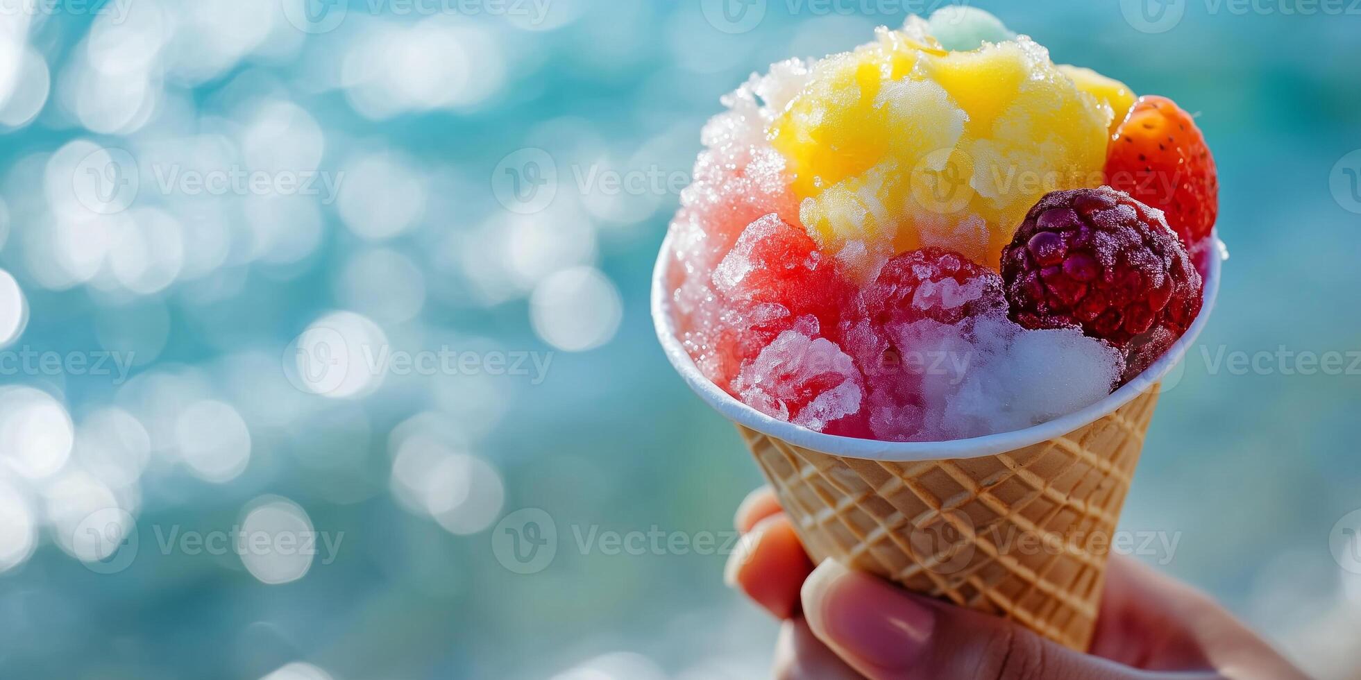 Fruit-infused shaved ice in paper cone at beachside stand photo