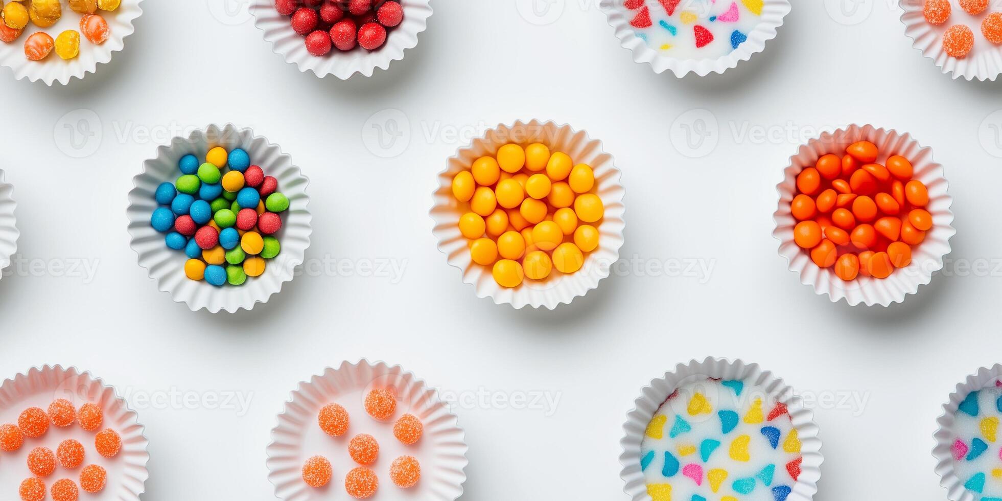 Bite sweets placed in small dishes with varying patterns photo