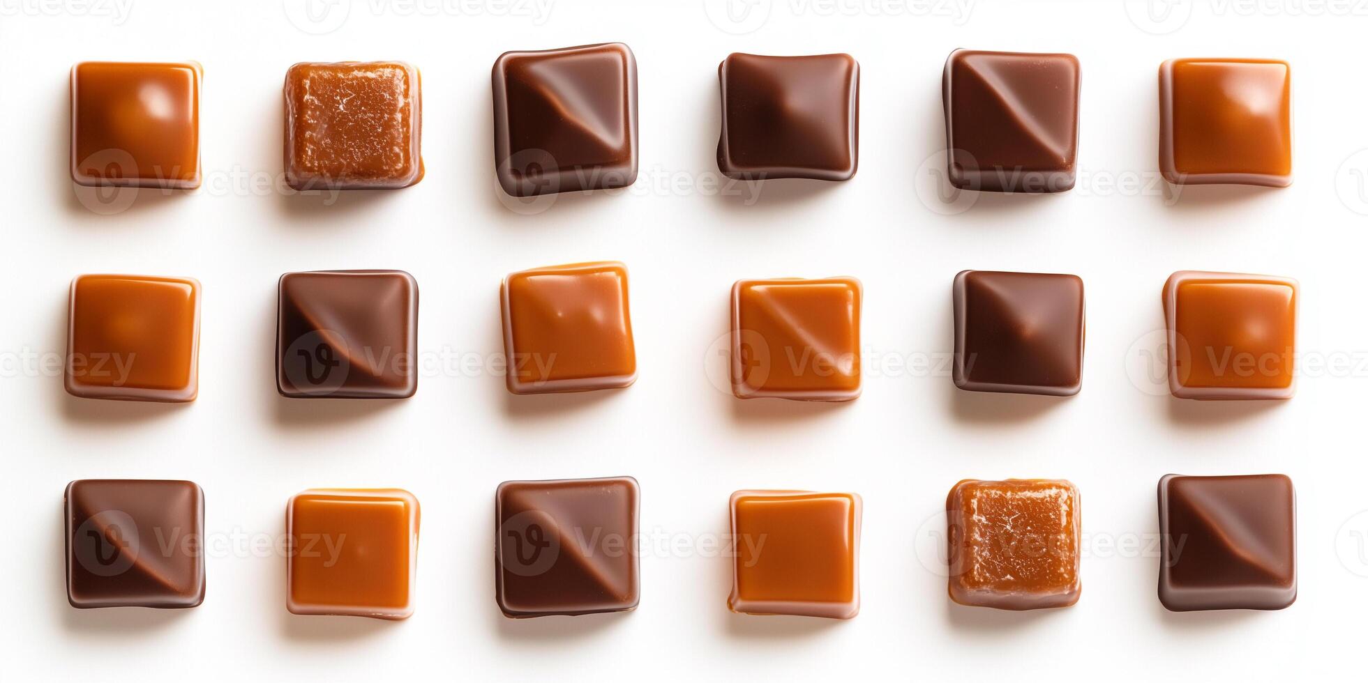 Caramel confections arranged in a grid formation on plain background photo