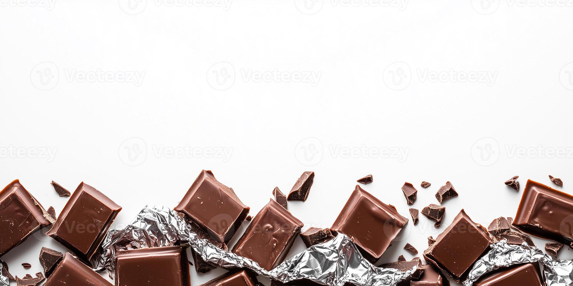 Chocolate bars scattered across the bottom border, some overlapping, wrappers crumpled photo