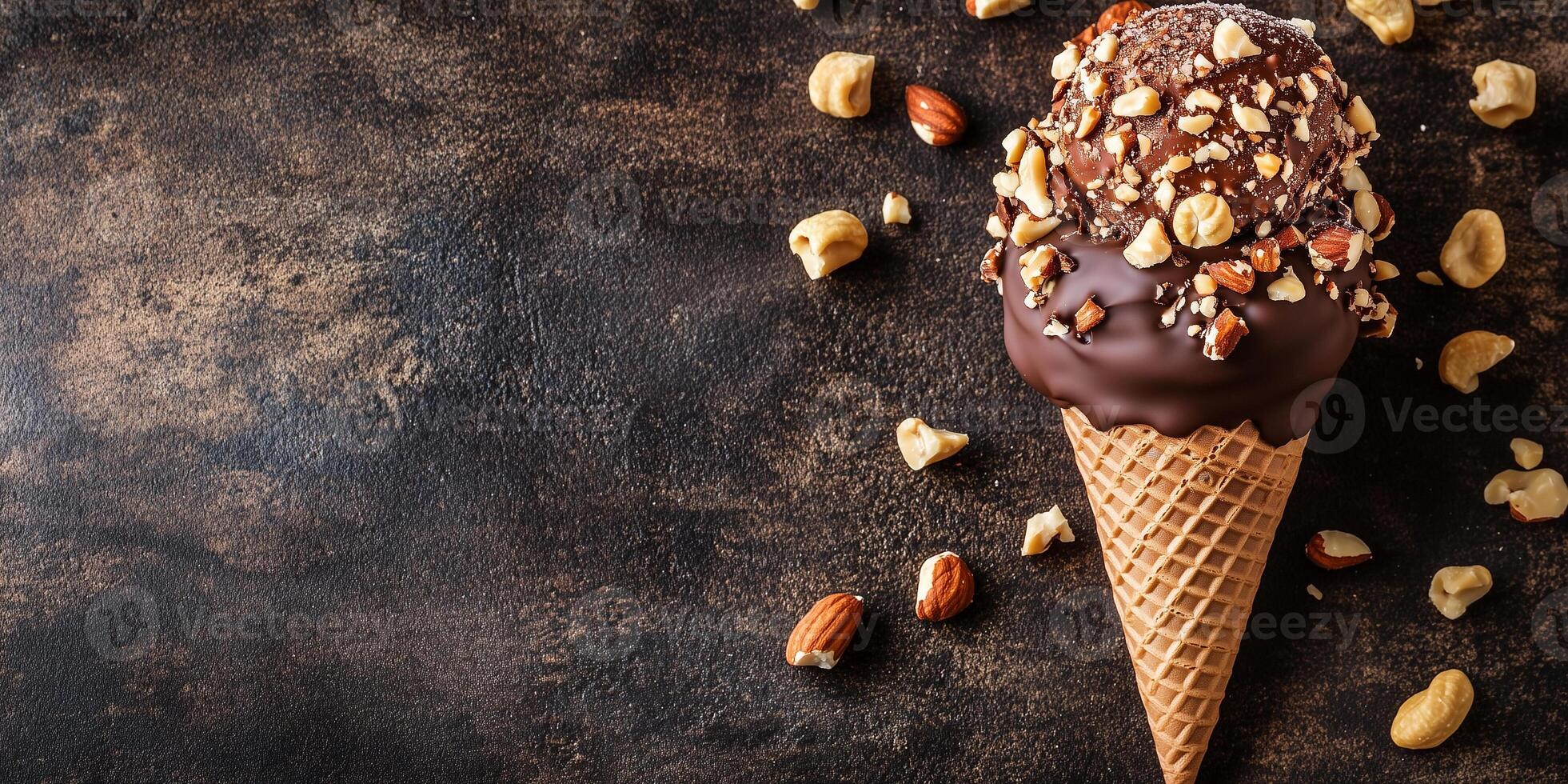 Ice cream cone hand-dipped in chocolate and rolled in nuts photo