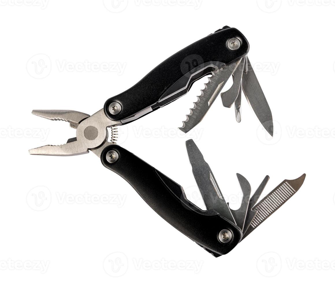 Steel multitool isolated on white background. Opened multitool with pliers, file, blade, screwdriver, bottle opener and saw, with a white background. Multi tool with expanded tools and pliers photo