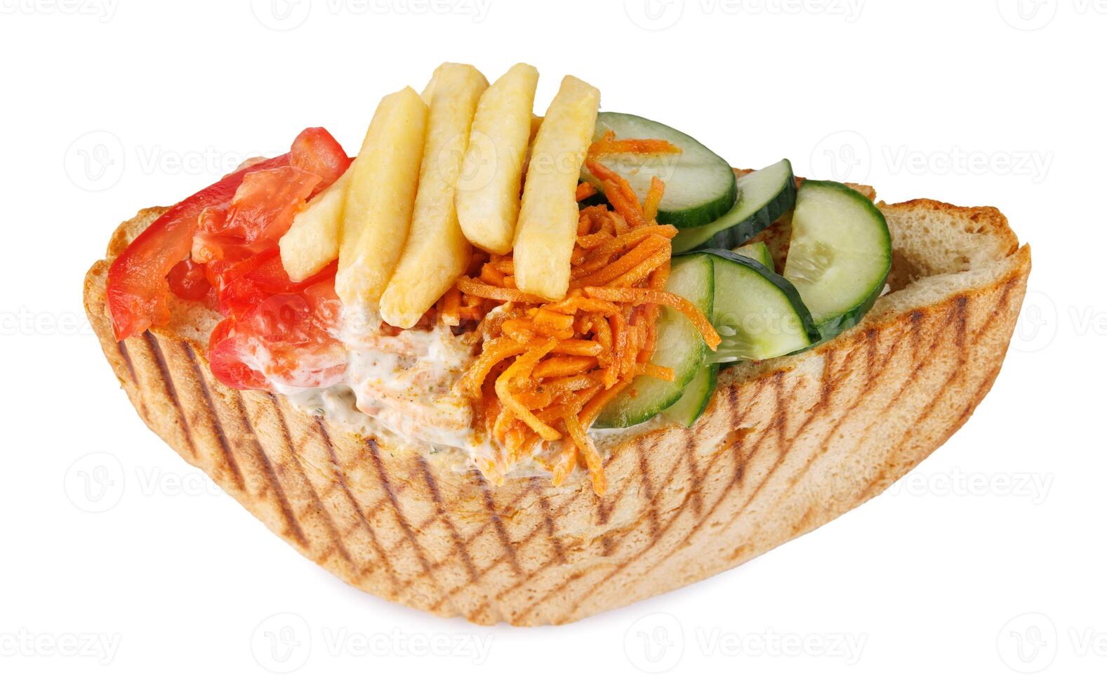 Doner with a crispy crust and tasty filling with sauce isolated on a white background. photo