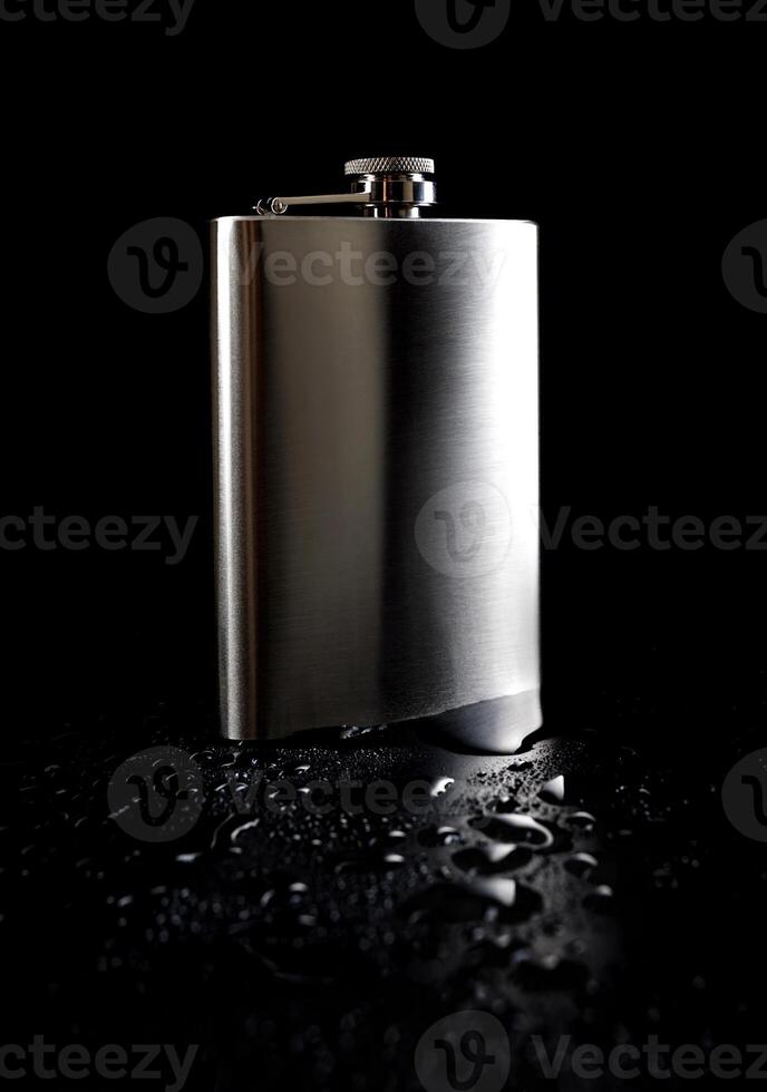 Flat stainless steel flask on a black background with water drops. photo