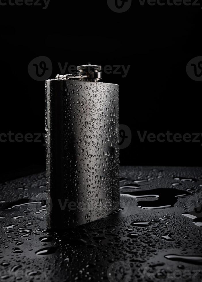 Stainless steel flask on a black background with water drops.Personal flat flask. photo