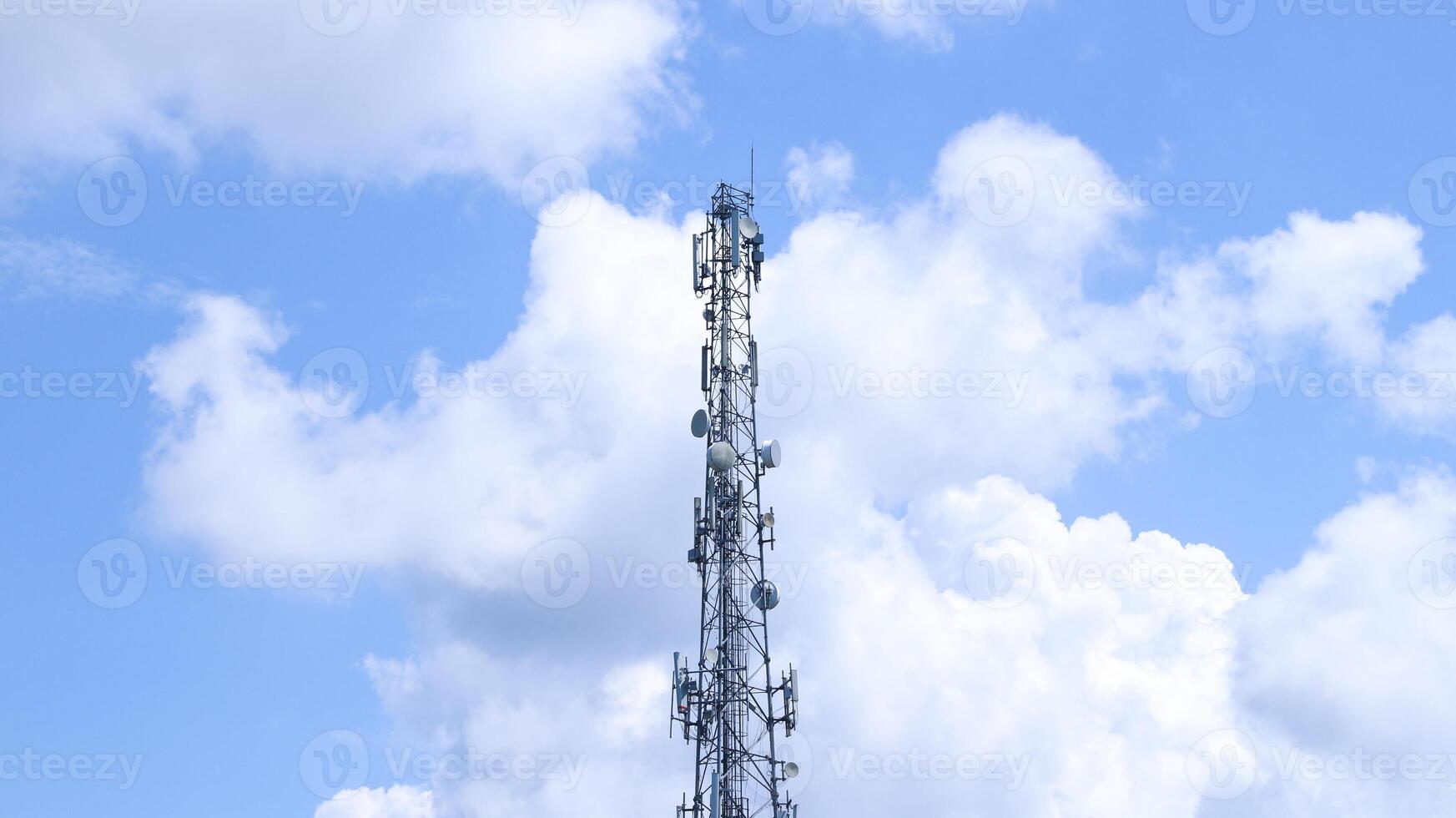 Telecommunication tower mast on sky background. Cellular telephone network or Digital wireless connection system. Receiving station Antenna. photo