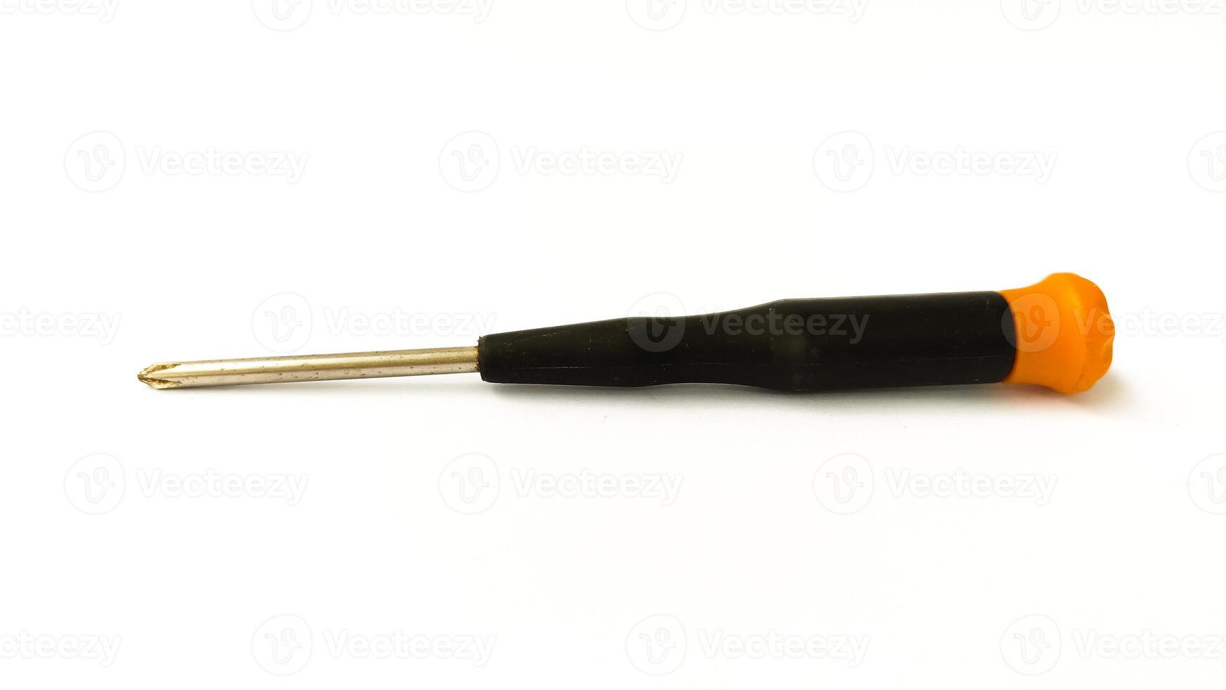Set of red-orange-blue screwdrivers isolated on white background. Builder's and electrician's tools. Equipment. Set of steel screwdriver bits with red and black plastic handles. photo