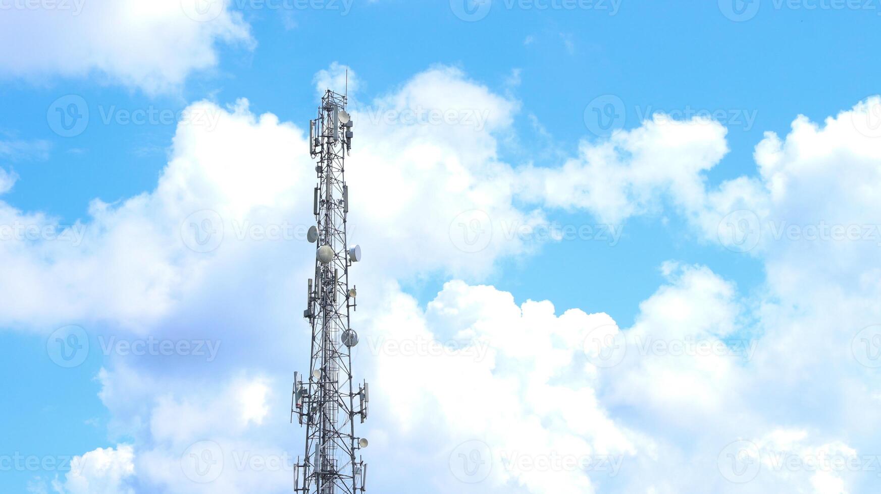 Telecommunication tower mast on sky background. Cellular telephone network or Digital wireless connection system. Receiving station Antenna. photo