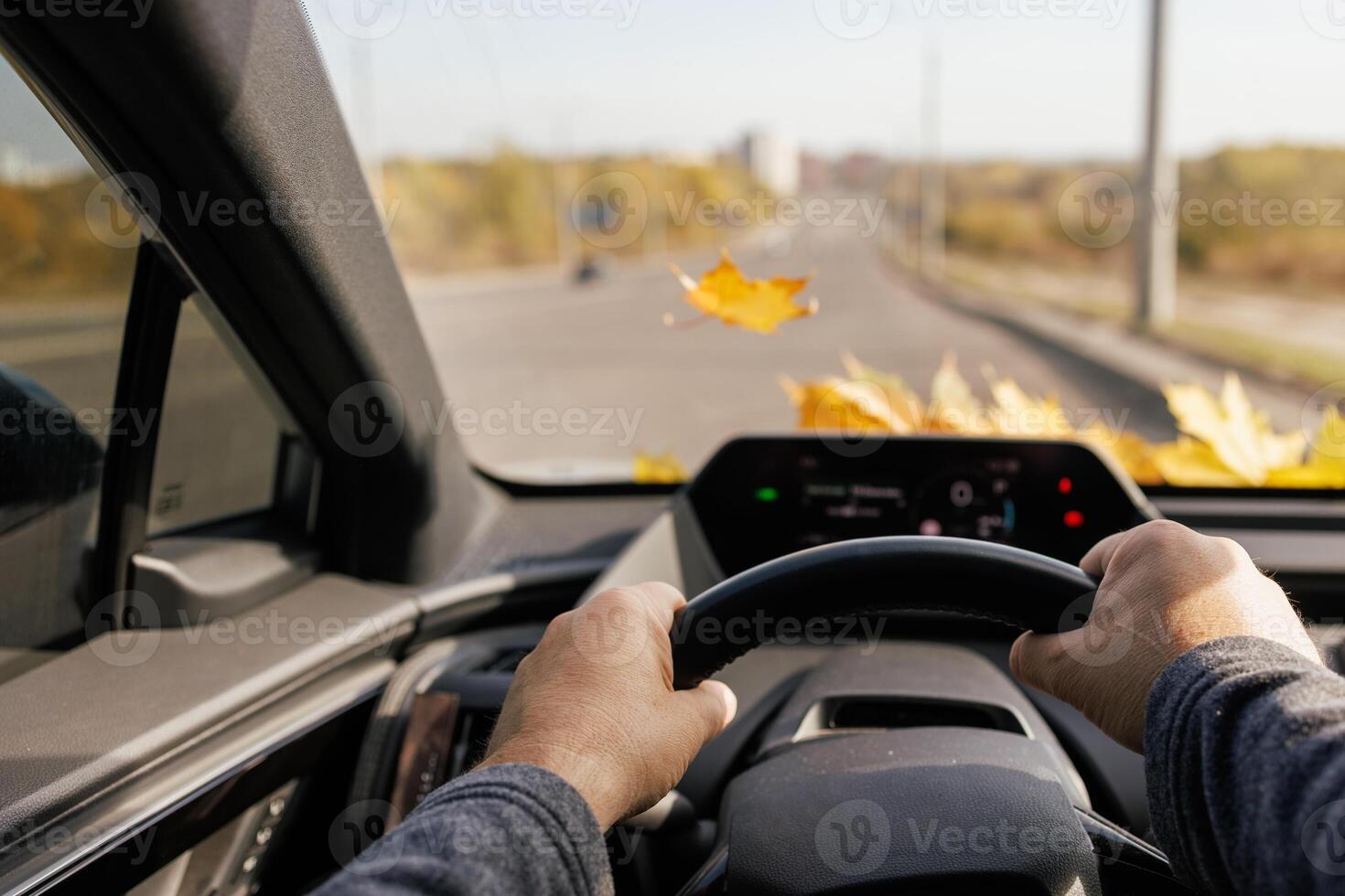 The driver's hand on the steering wheel of the car, a yellow autumn leaf is glued to the windshield photo