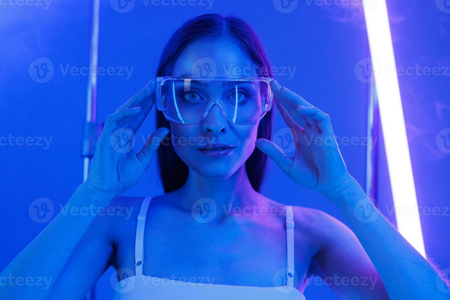 artificial intelligence, girl in the image of a virtual assistant in transparent glasses photo