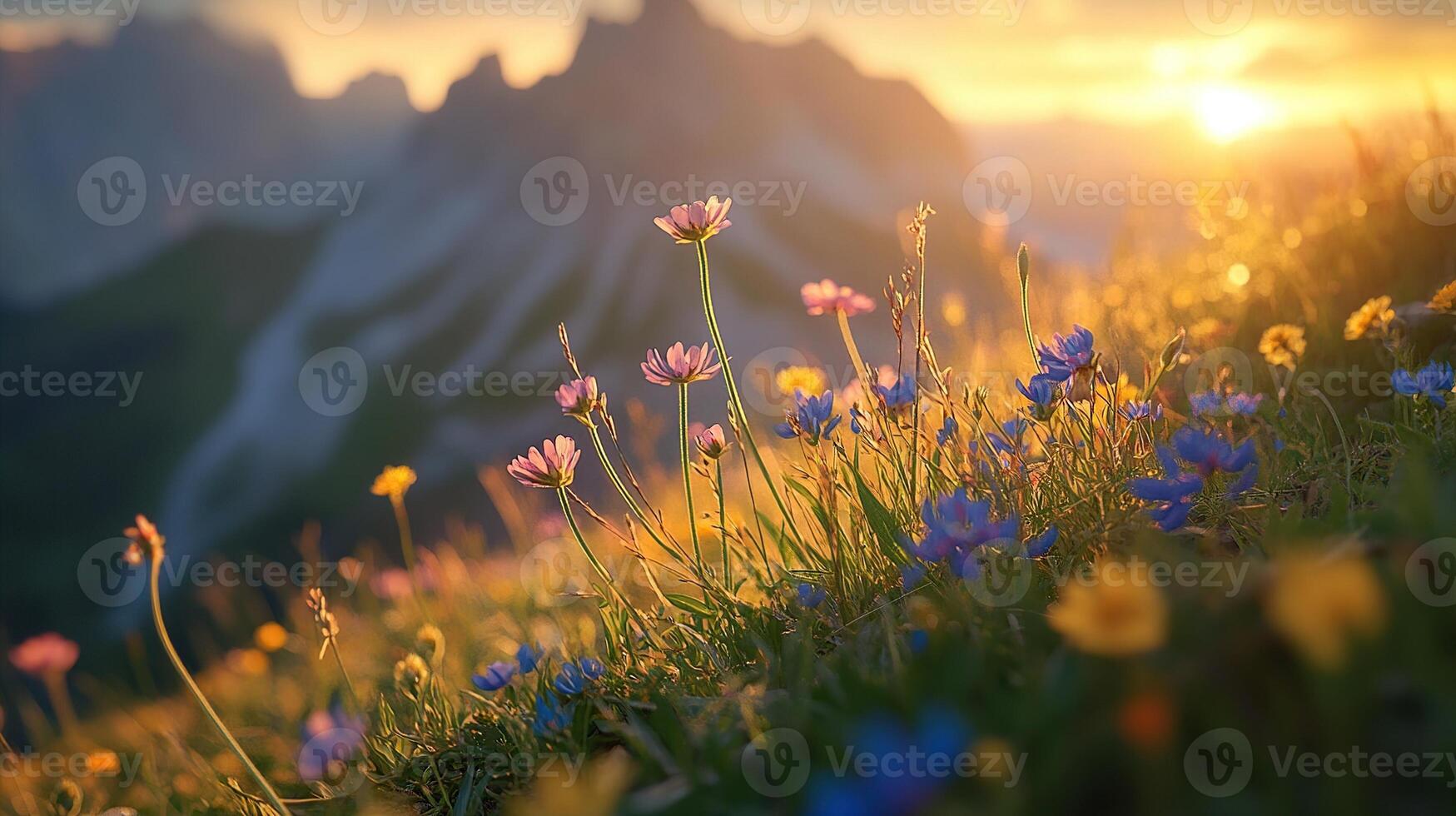 Beautiful wildflowers blooming in a mountain meadow at sunrise with sun shining through the flower petals and mist. photo