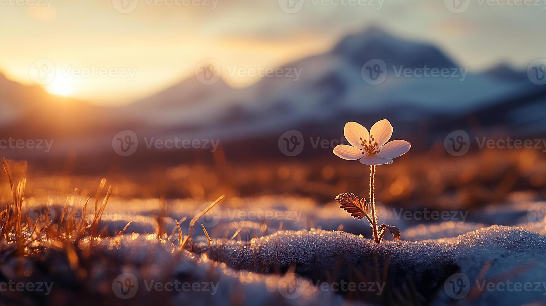 Single white flower blooming in snow with mountain range background and sunset photo