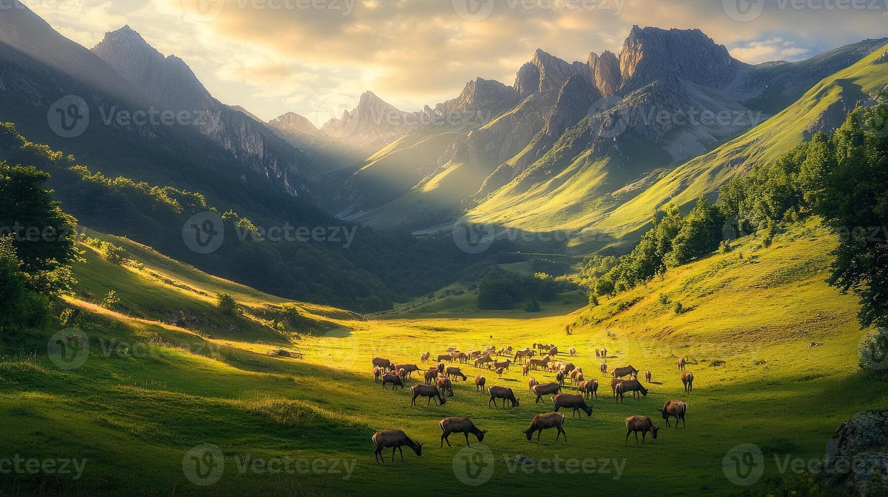 Sunrise over mountain valley with grazing herd of sheep, beautiful nature scene, peaceful landscape photo