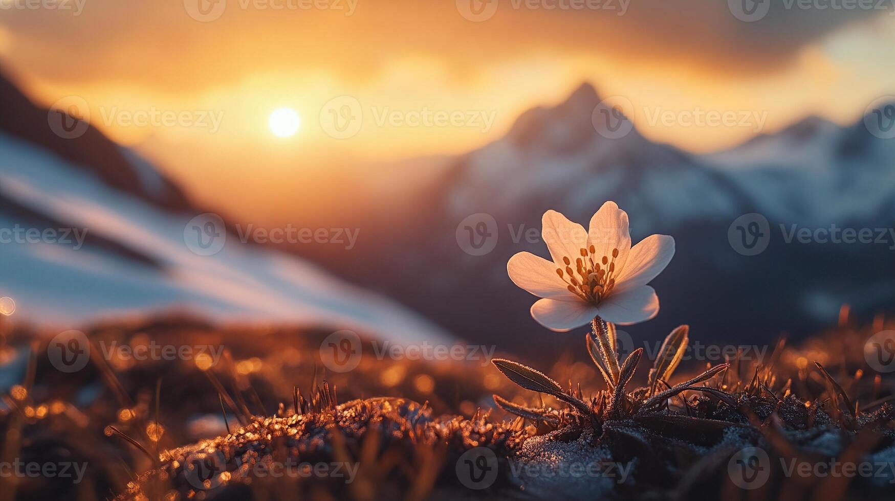 Single Flower in Mountain Landscape at Sunset, Hope, Resilience, and New Beginnings photo