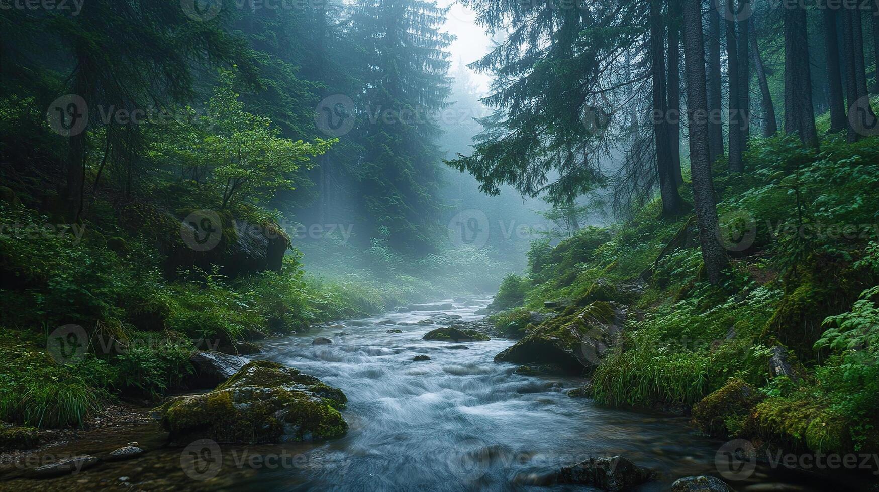 Mystical Forest River Scene with Fog and Lush Greenery photo