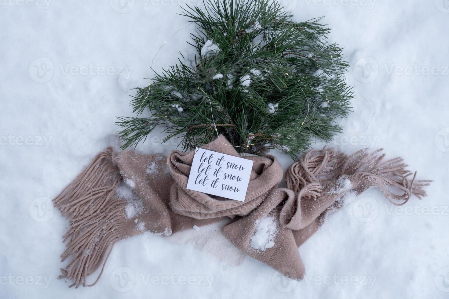 Postcard with text LET IT SNOW on Reusable shopping bag with fir spruce green branches in snowy outdoor winter forest background. Merry Christmas and new year concept. Natural bouquet greeting card. Garland lights photo