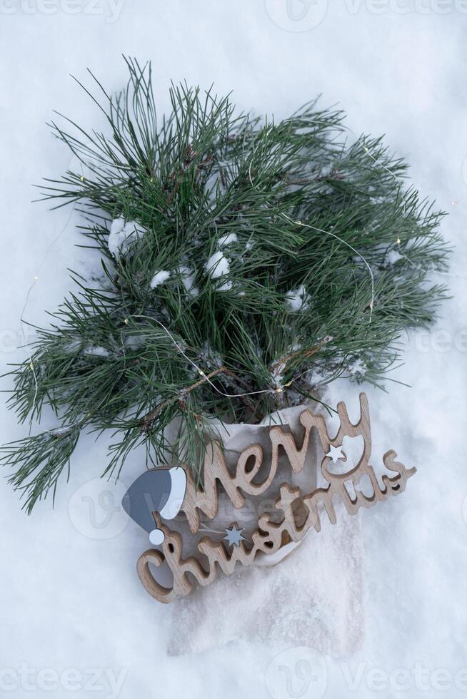 Reusable shopping bag with fir spruce green branches in snowy outdoor winter forest background. Merry Christmas wooden message and new year concept. Natural bouquet greeting card copy space. Garland lights photo