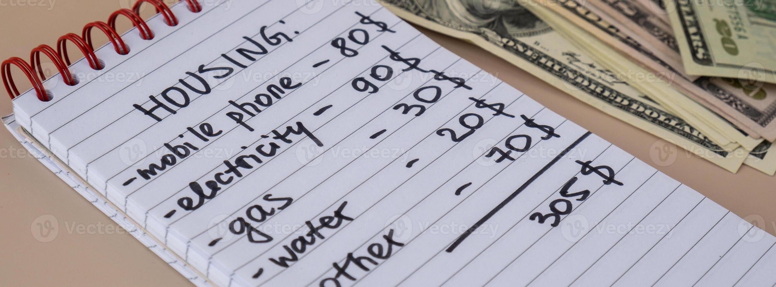 Counting expenses bills on housing electricity, gas, water. Banknotes of dollar cash around. High prices for energy inflation crisis. Cut back on spending. Savings rate photo