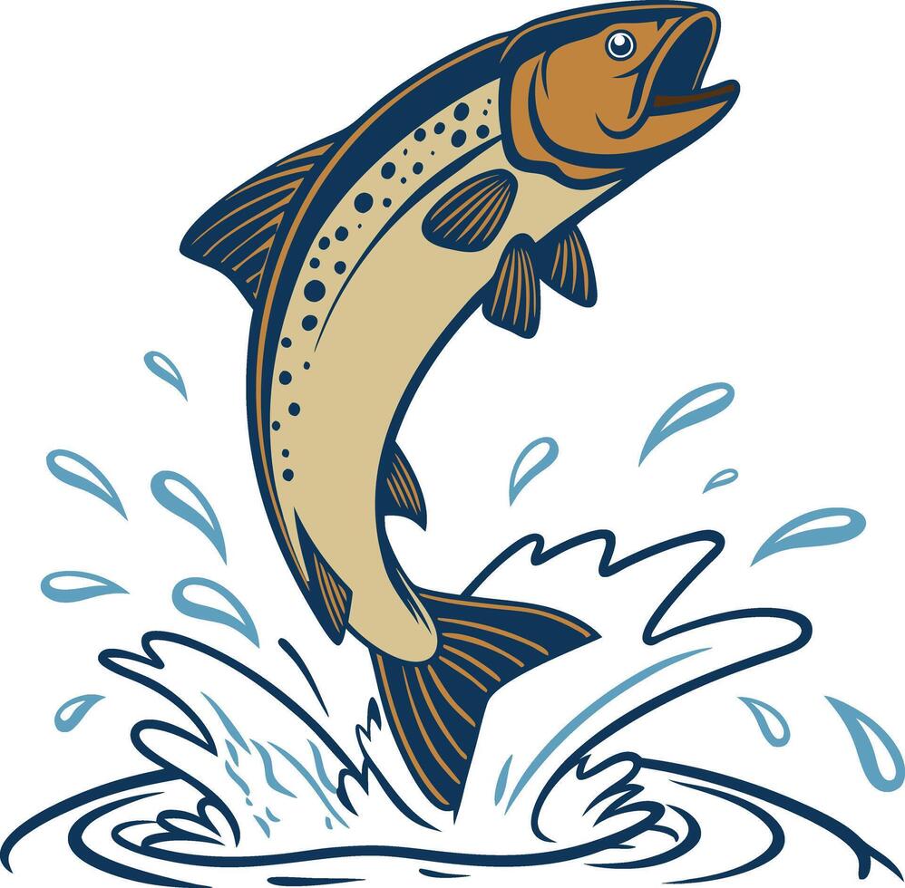 A fish jumping out of the water drawn in black and white vector
