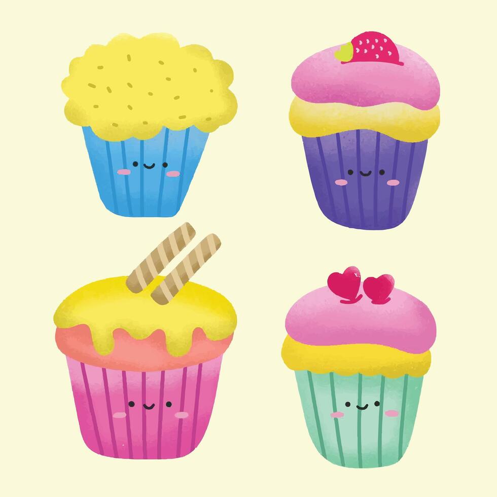Set of cute cupcake. Collection of kawaii sweet dessert characters. Suitable for flat design graphic illustration, clip art, stickers, etc vector
