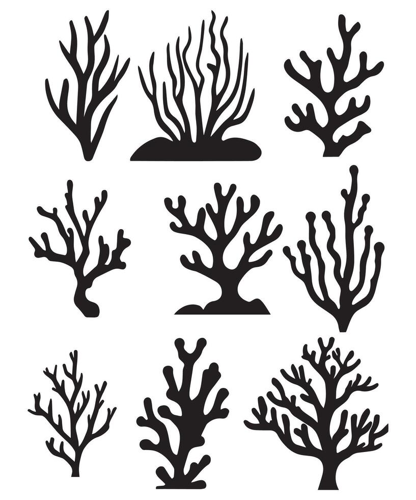 Black coral reef silhouettes set on white background vector