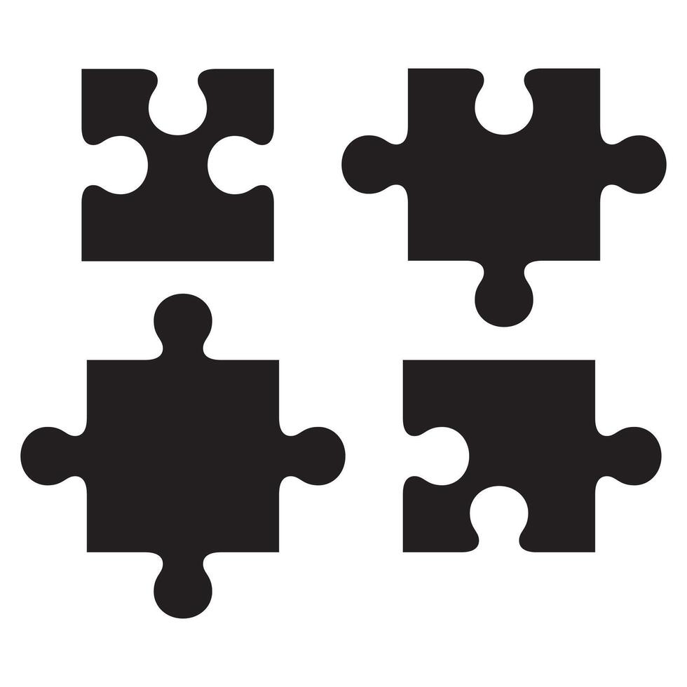 Four pieces of puzzle pieces are shown in black and white vector