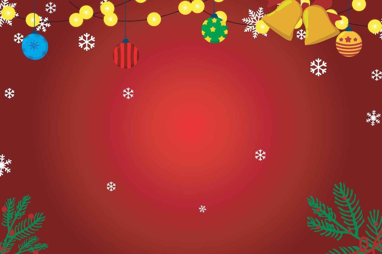 Radial red square with Christmas decorations, lights and pine leaves. surrounding bells and a copy space area in the middle. for posters, banners and greeting cards and printing vector