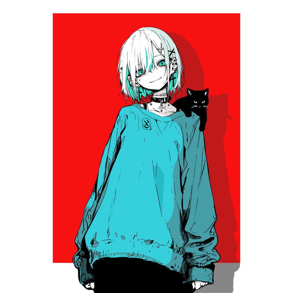 anime girl character and cat on her shoulder vector