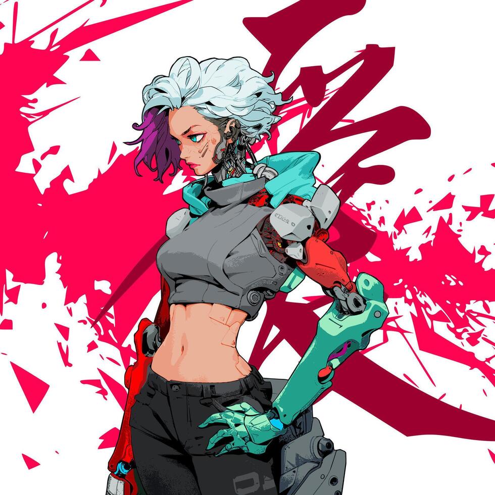 a woman with a robot body and short hair in a cyberpunk style vector