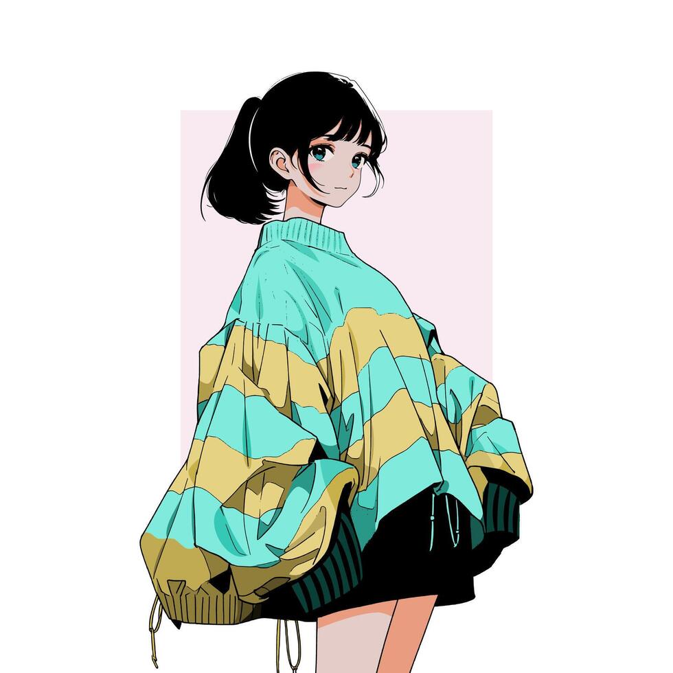 a girl in an extra large sweater in an anime style vector