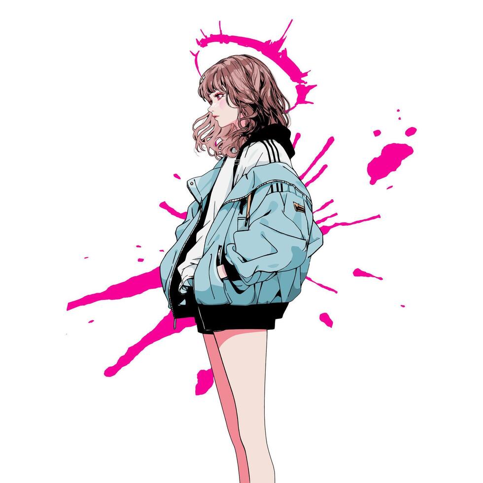 anime female character in blue jacket with abstract background vector