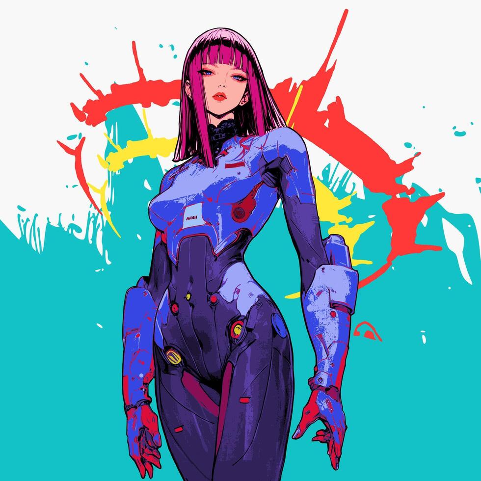 woman in blue robotic costume in cyberpunk style with abstract background vector