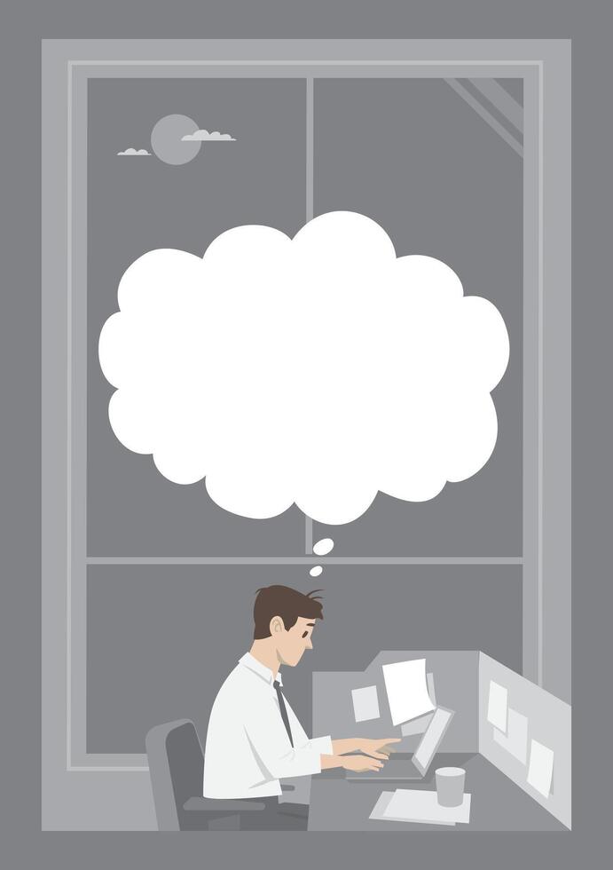 man working late at night on office desk with notes and laptop window scene thinking with balloon text and content can be anything vector