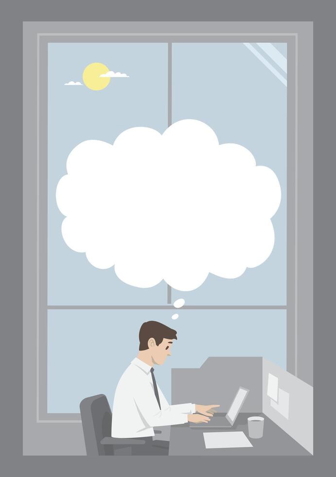 man working during office hours on office desk with notes and laptop window scene thinking with balloon text and content can be anything vertical format vector