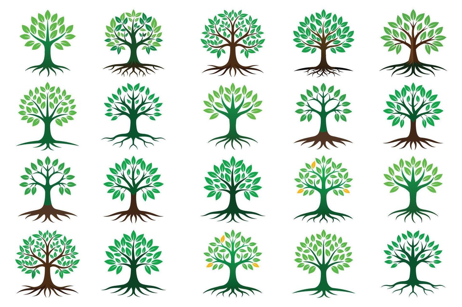 Collection of Tree Icons with Roots and Leaves for Nature and Ecology Themes vector
