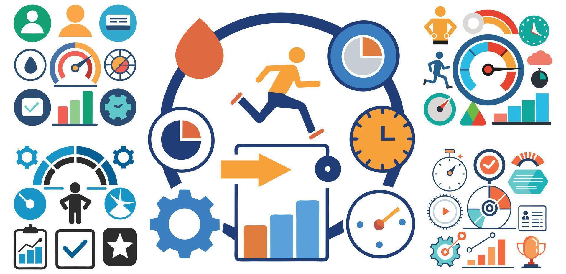 Performance and Productivity Icons Set with Metrics, Charts, and Stopwatch vector