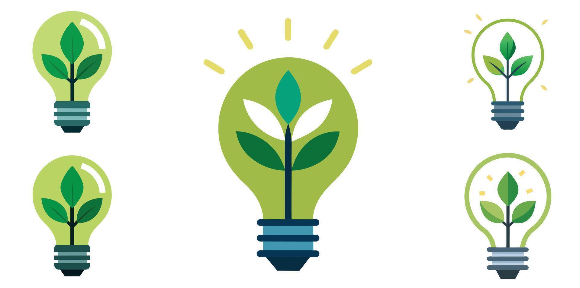 Eco-Friendly Innovation Icon Set with Light Bulb and Green Plant Illustrations vector