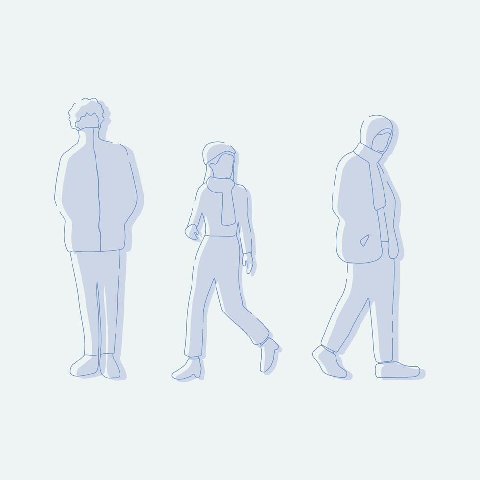 flat minimal people male and female in winter clothing concept. Outline with silhouette shadow. For architecture rendering, design, info graphic, media vector