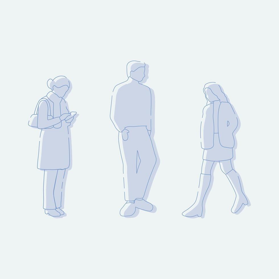 flat minimal people male and female illustration in winter clothing concept isolated set collection. Outline with silhouette shadow. For architecture rendering, design, info graphic, media vector