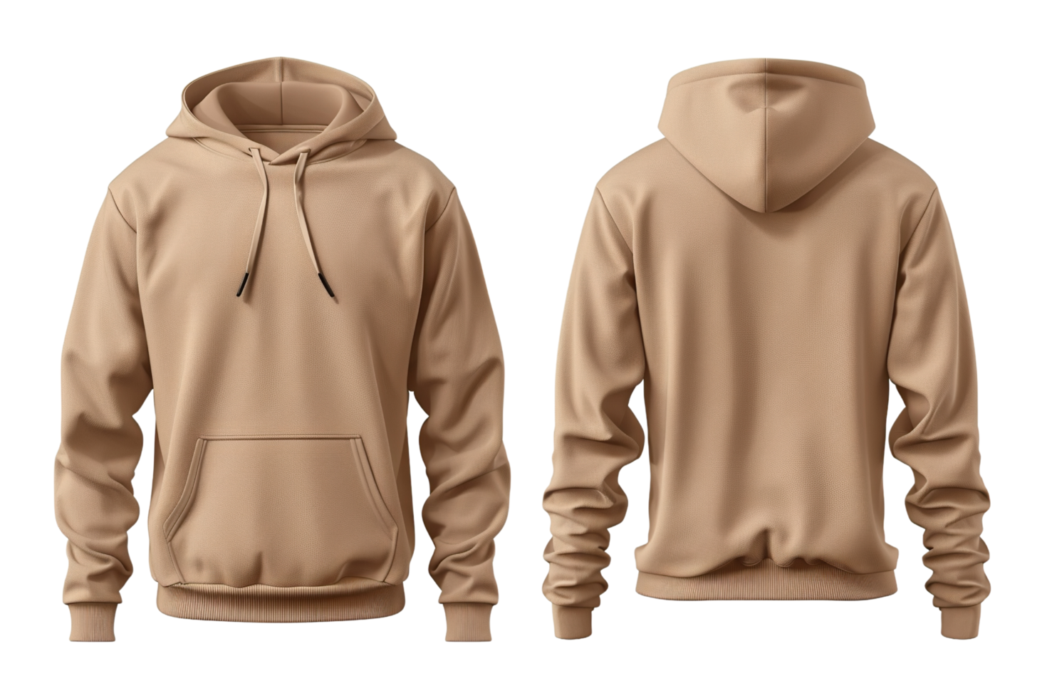 Beige hoodie mock-up, front and back view on transparent background. png