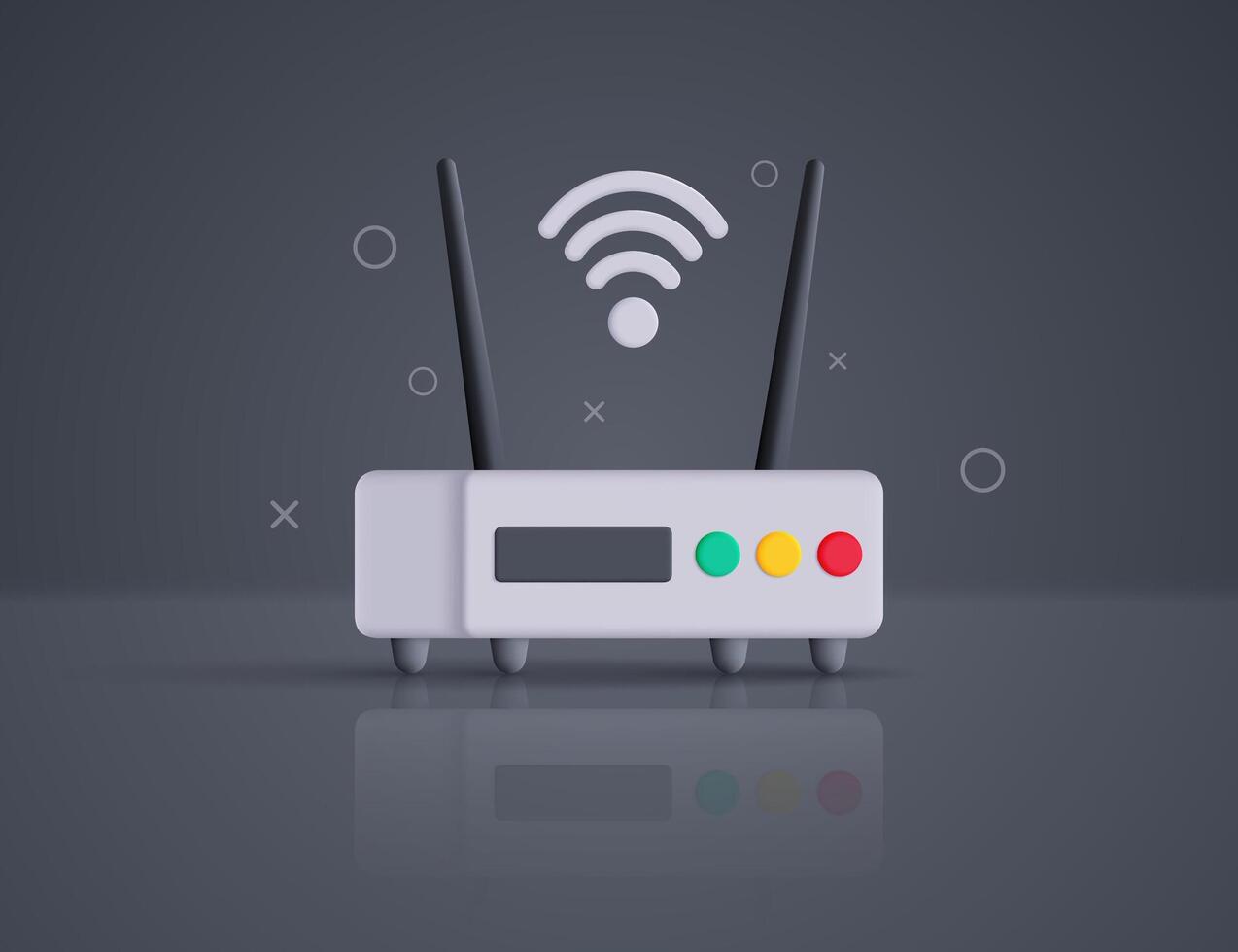 Modern 3D modem router with Wi-Fi icon on gray background with geometric shapes. vector