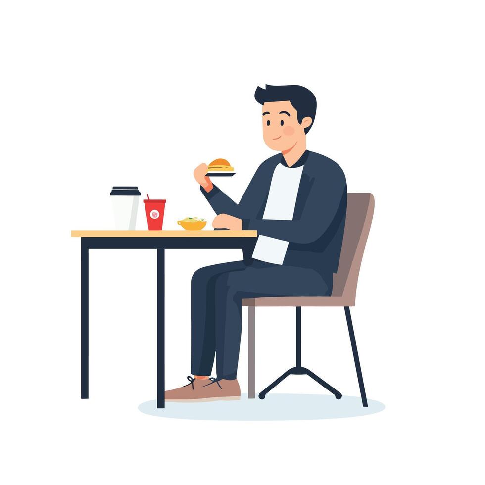 Man in Casual Setting, Working and Eating vector