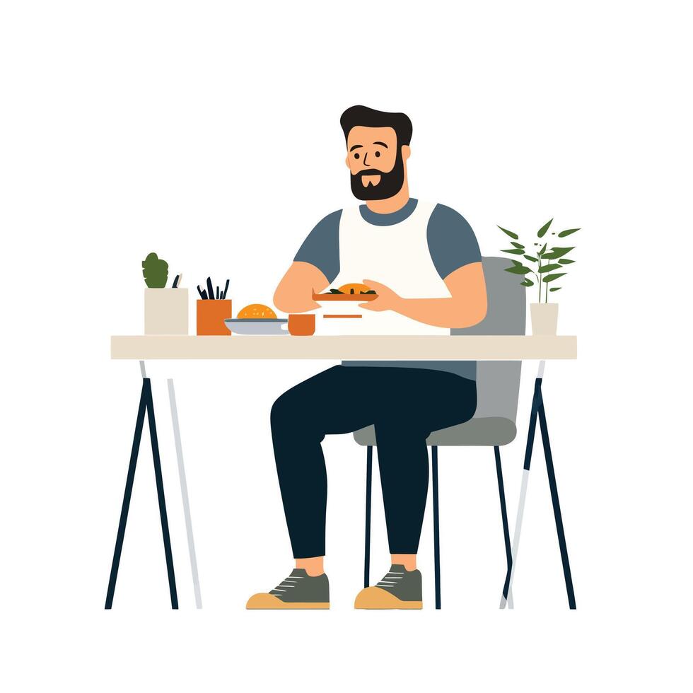 Man Enjoying Meal and Coffee While Working vector