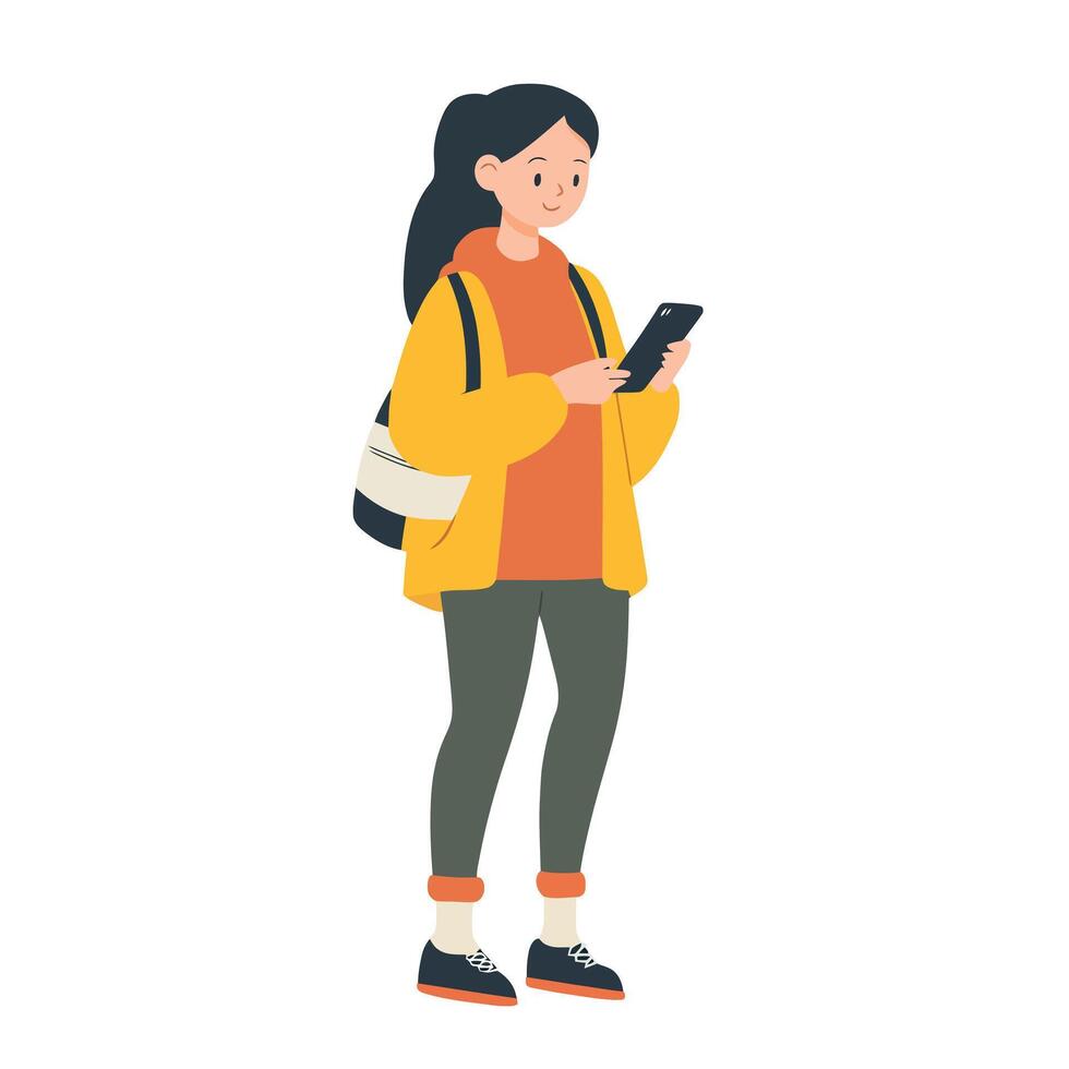 Woman Standing and Checking Her Phone vector