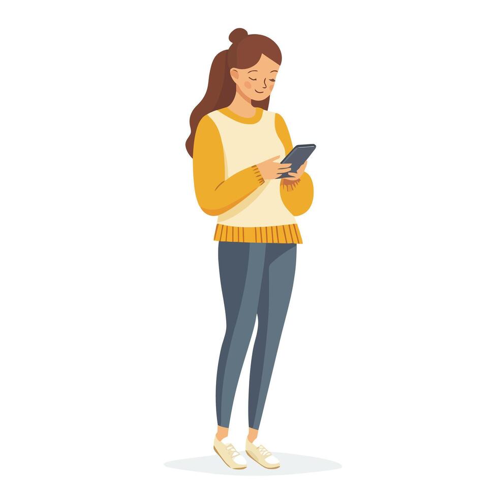 Woman Standing and Using Her Smartphone vector