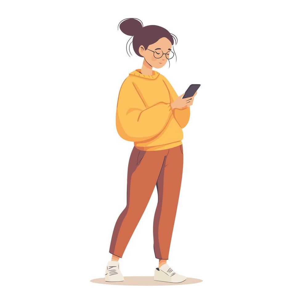 Focused Woman Looking at Phone Screen vector